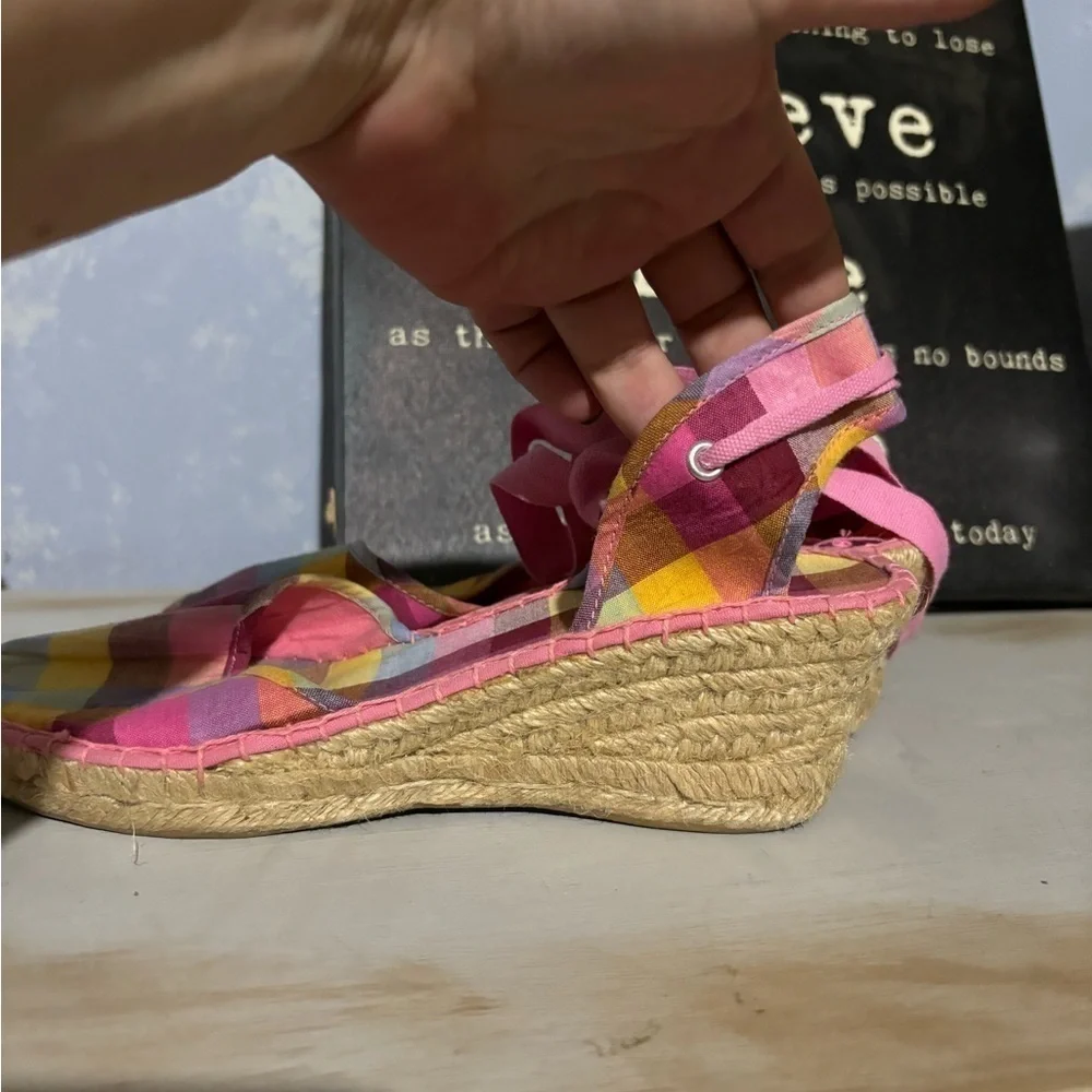 🩷Free🩷Pink plaid wedge sandals lace up leg size 8 - Picture 5 of 8